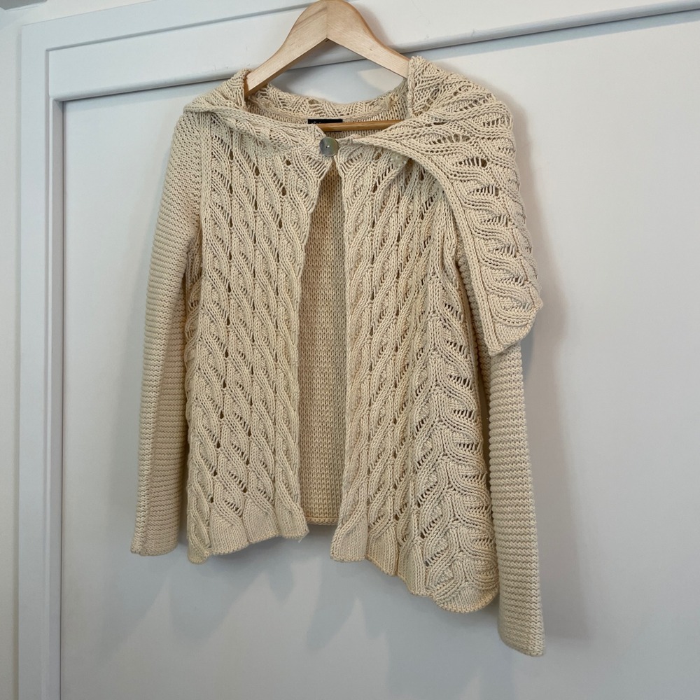 Sinequanone Cream Cable Knit Open‎ Front Hooded Cardigan Sweater Womens Small